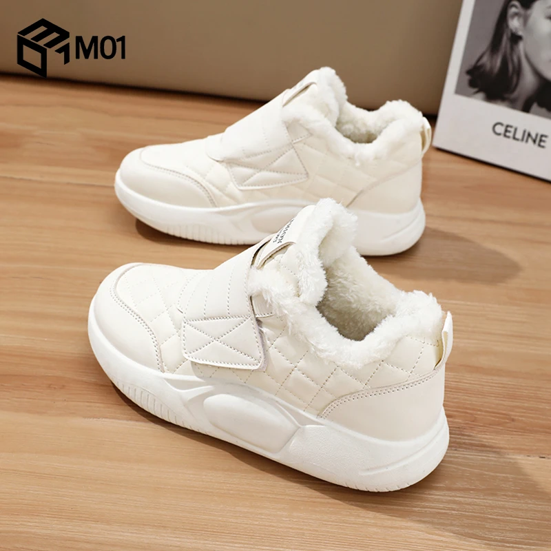 M01厚底棉鞋女款2025冬季皮毛一体保暖白色雪地靴加绒加厚运动鞋