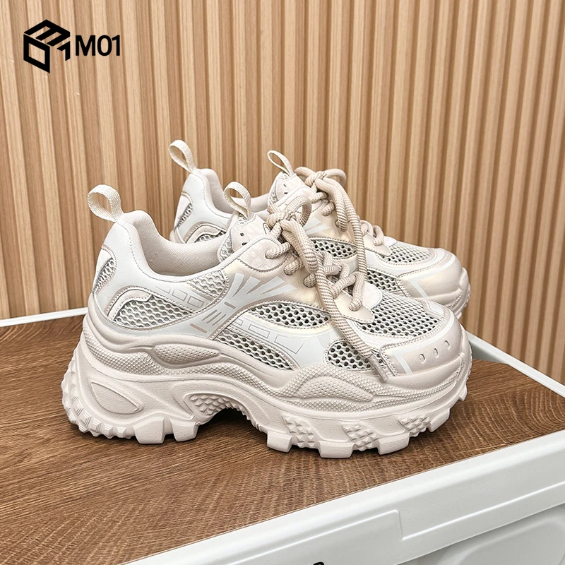 M01厚底银色老爹鞋女2025夏季炸街百搭透气网面增高轻便运动鞋潮