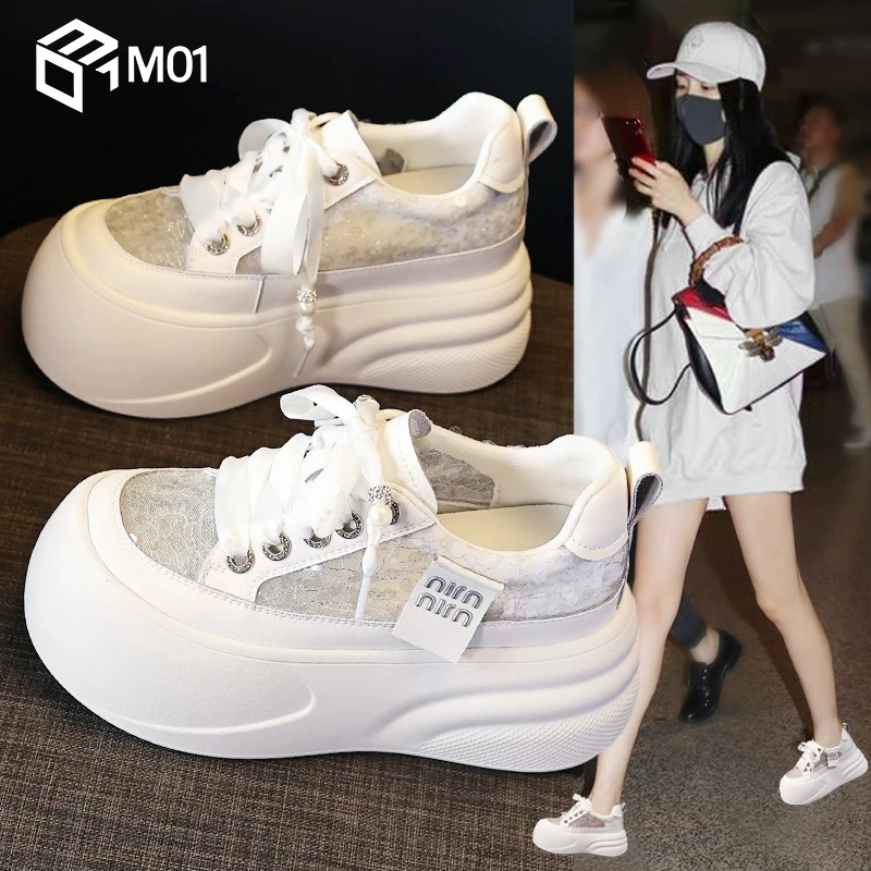 M01内增高小白鞋女2025夏季矮子乐厚底板鞋网面透气绸缎鞋带女鞋