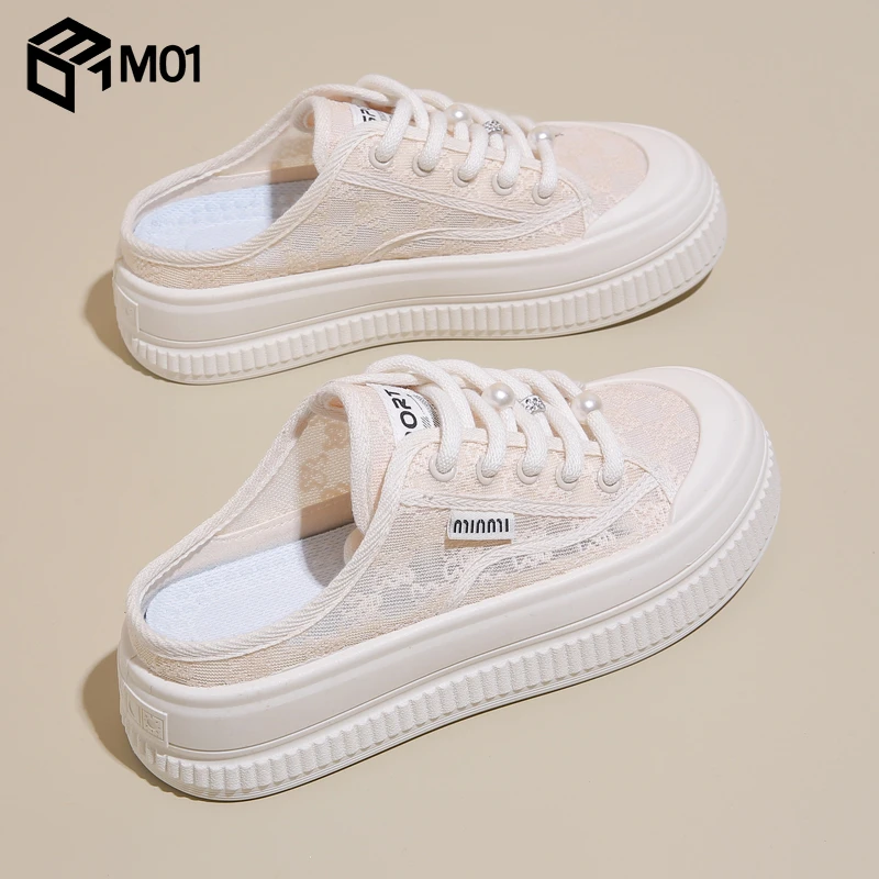 M012025夏季新款半拖小白鞋女鞋外穿夏款包头爆款百搭网面拖鞋子