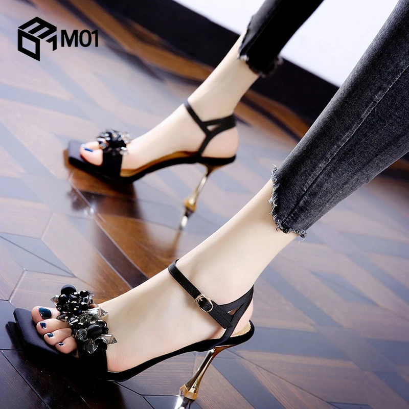 M01浅口网红百搭仙女风细跟一字带凉鞋夏季新款方头水钻高跟鞋