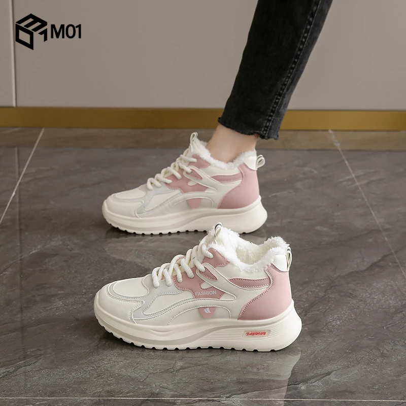 M01真皮棉鞋女冬季2025年轻便软底学生中考加绒运动鞋减震跑步鞋