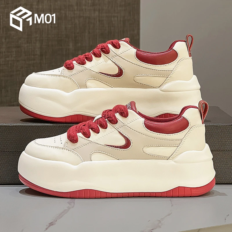 M01厚底小白鞋女2025年春季新款真皮单鞋百搭系带运动休闲松糕鞋