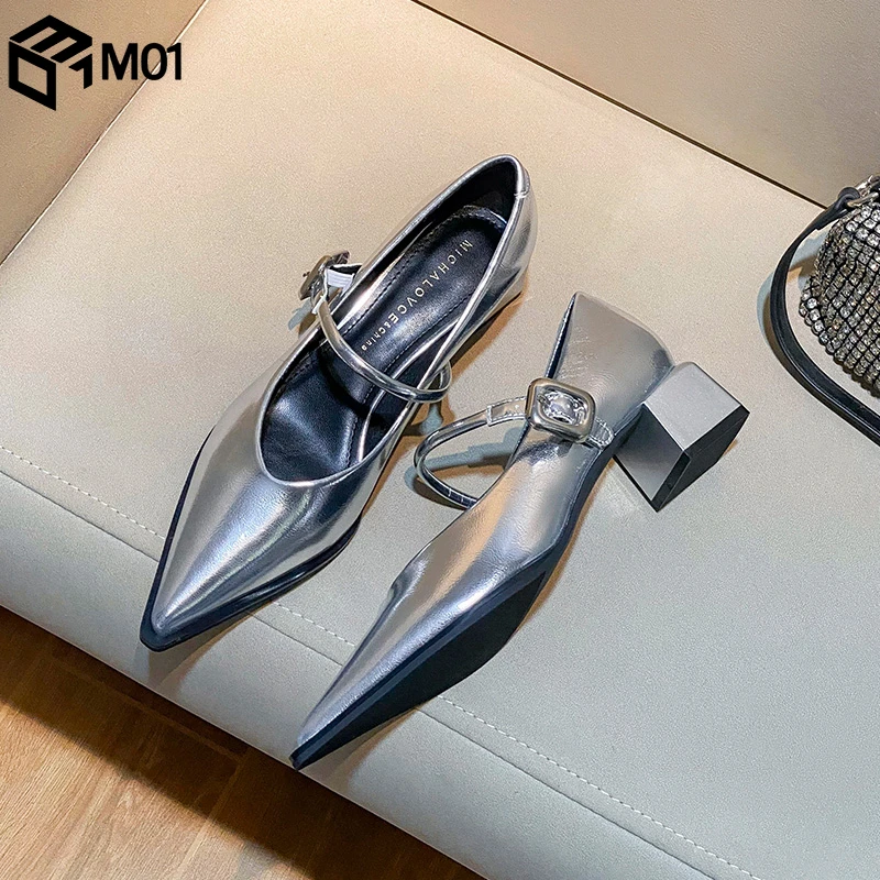 M01法式银色玛丽珍高跟鞋女25新款尖头浅口一字带小香风粗跟单鞋