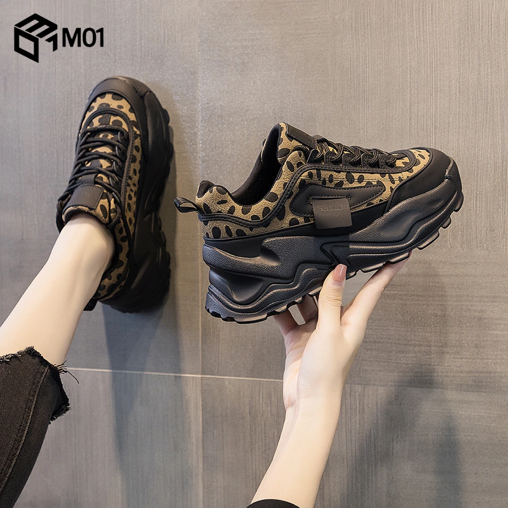 M01爆款厚底增高潮牌豹纹老爹鞋女2025春秋新款真皮百搭休闲软底