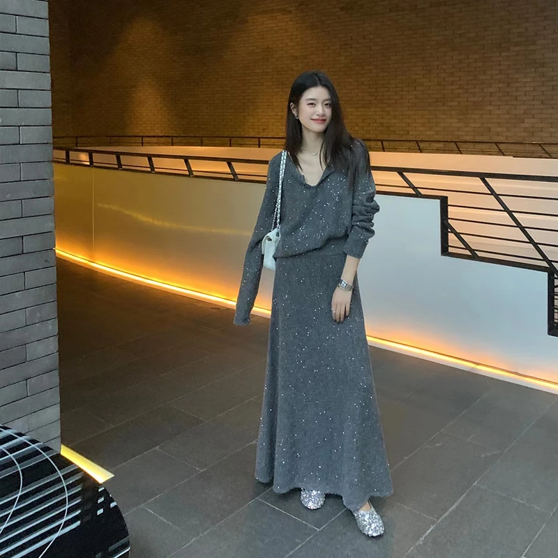 【银河繁星】RARE ME秋冬新款轻奢气质显瘦珠片纱针织套装女