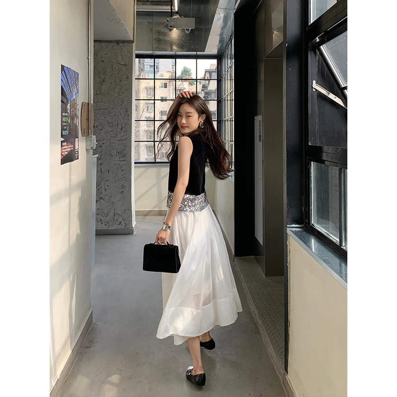 【黑色夏利】RARE ME 闪闪亮片丝绒拼接马甲上衣复古法式气质背心女