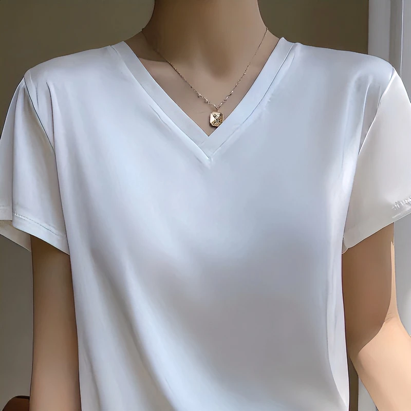 A59高级显瘦丝滑黑色短袖v领t恤纯色半袖女西装内搭正肩百搭上衣