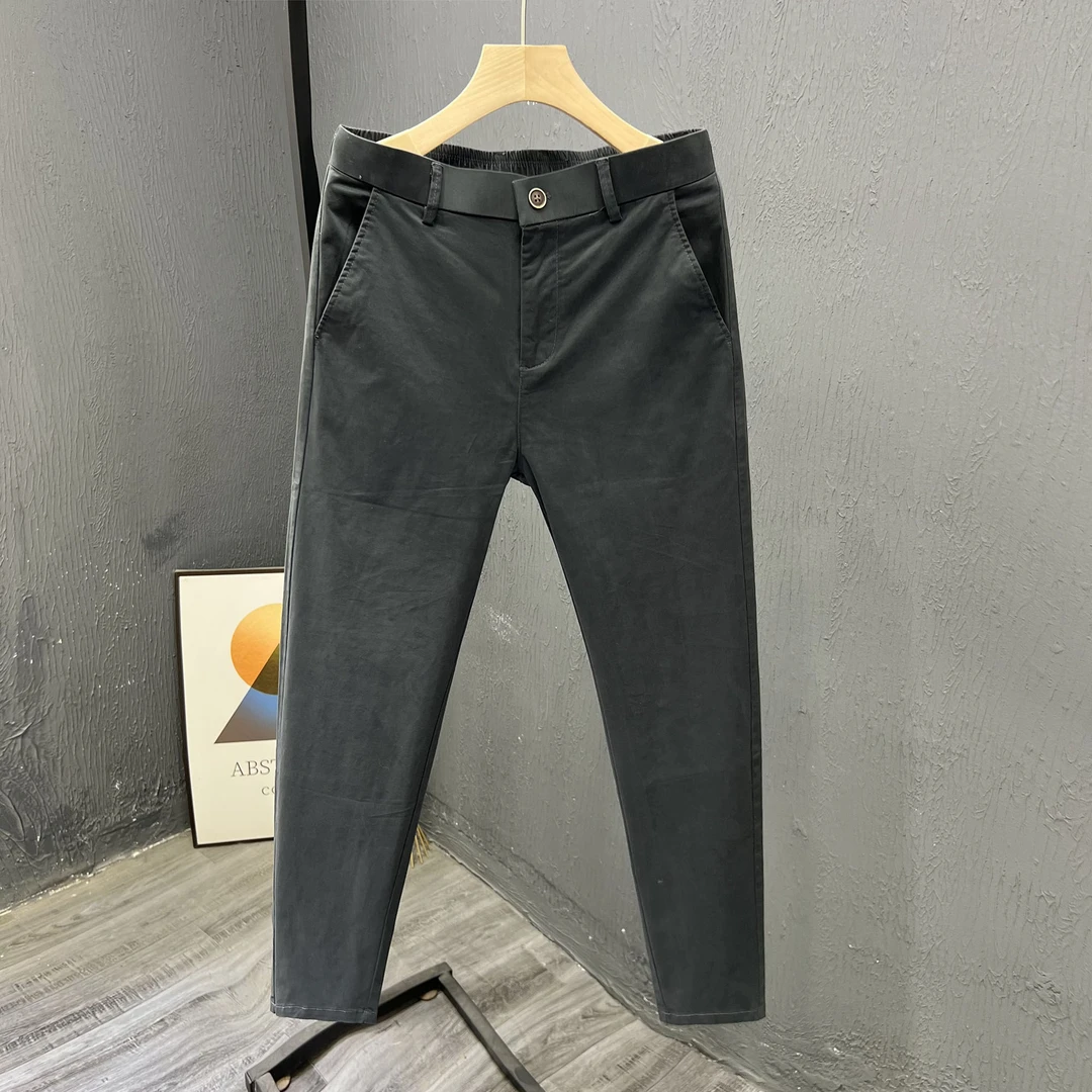 高档纯棉休闲裤男简约百搭商务修身小脚裤子男士纯色舒适潮流男裤
