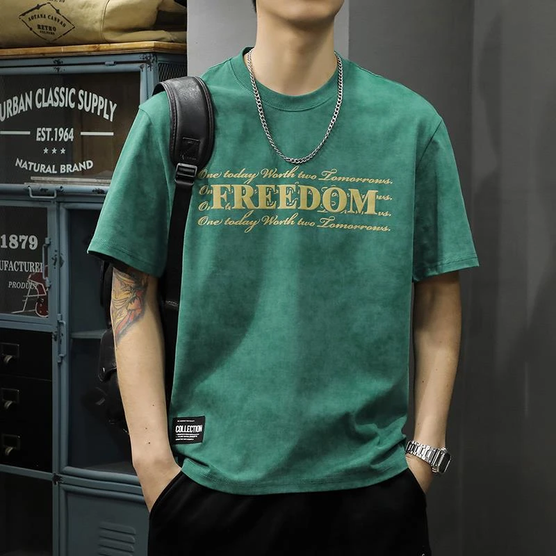 男士纯棉短袖t恤男款夏季美式复古高克重宽松体恤ins潮牌复古圆领