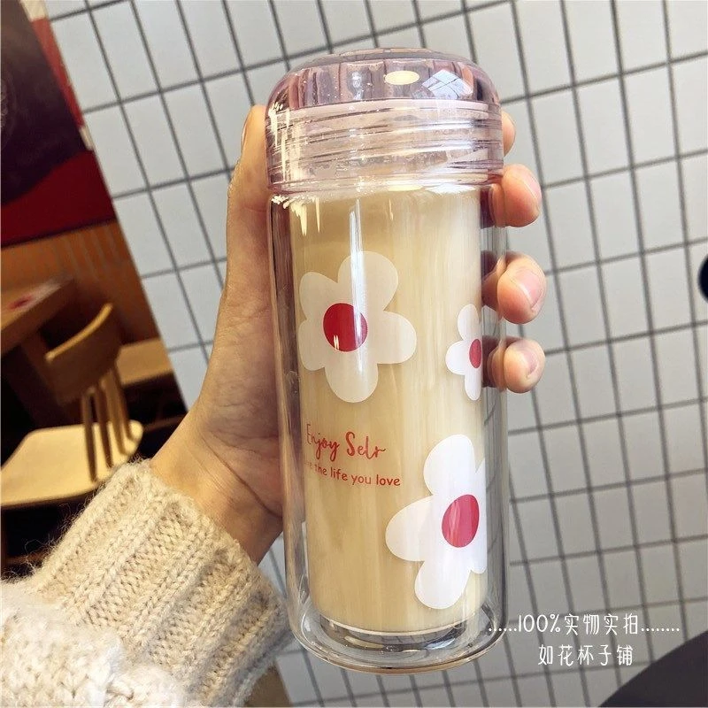网红韩版便携双层玻璃杯少女心水杯ins风花朵防烫女学生牛奶杯子