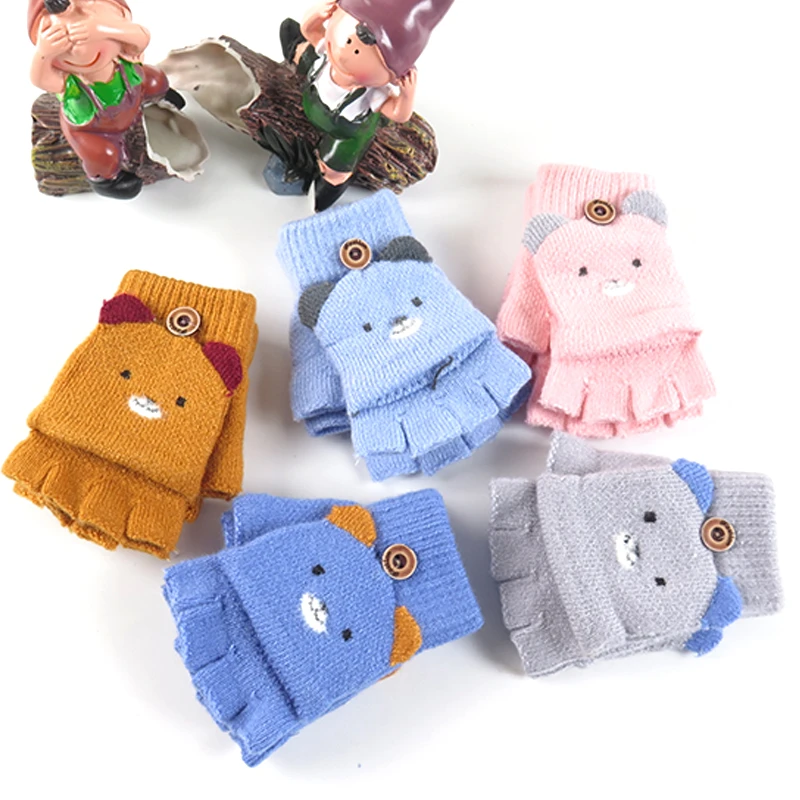 0-3岁2儿童手套冬季半指翻盖宝宝婴幼儿男女童小孩露指卡通暖手套