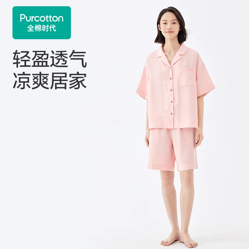 女士全棉凉感双层纱布翻领开襟短袖短裤家居服套装,1套装,全棉时代