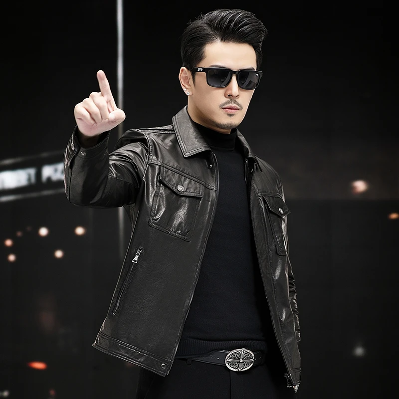 【秋季新款】翻领油蜡头层小牛皮夹克男士休闲短款真皮皮衣男外套