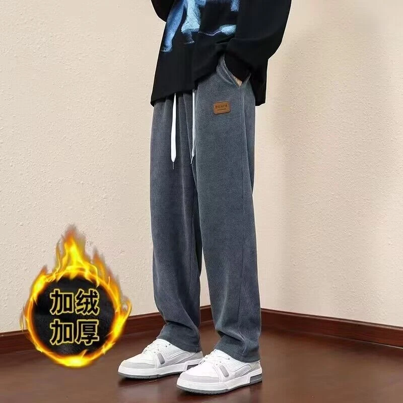 秋冬款大码直筒裤子男加绒灯芯绒卫裤情侣运动裤宽松束脚休闲长裤