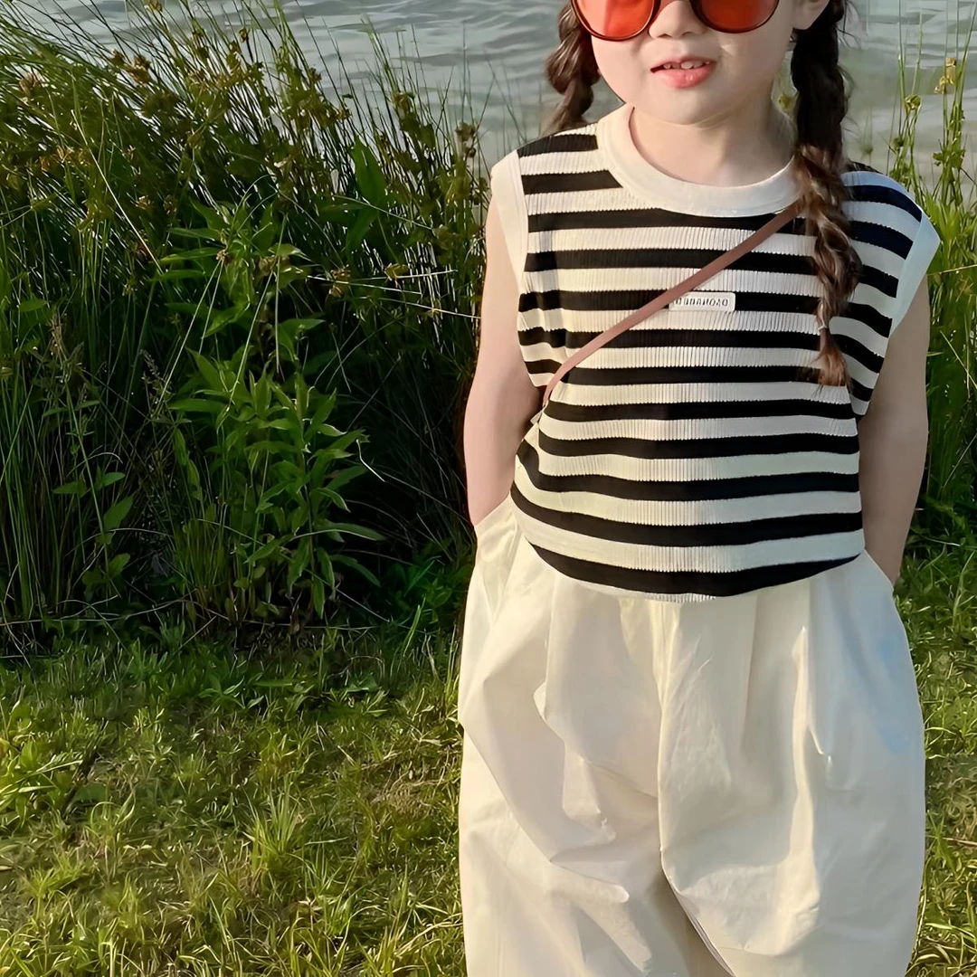 女童夏季套装新款宝宝休闲背心条纹上衣宽松防蚊裤男女童两件套潮