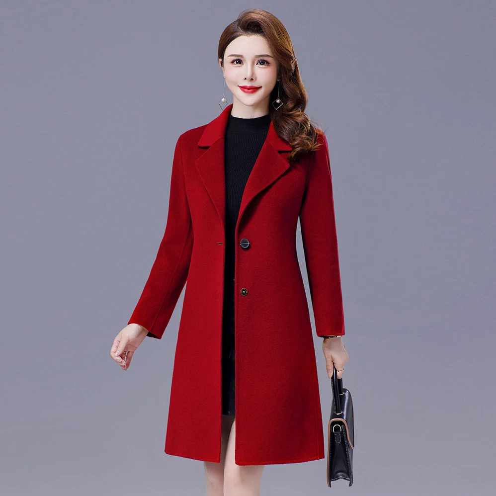 双面羊毛绒大衣女中长款修身西装领羊毛呢外套小个子大衣中年妈妈