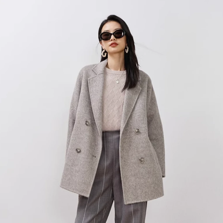 桑蚕丝羊毛混纺廓形双面呢短款