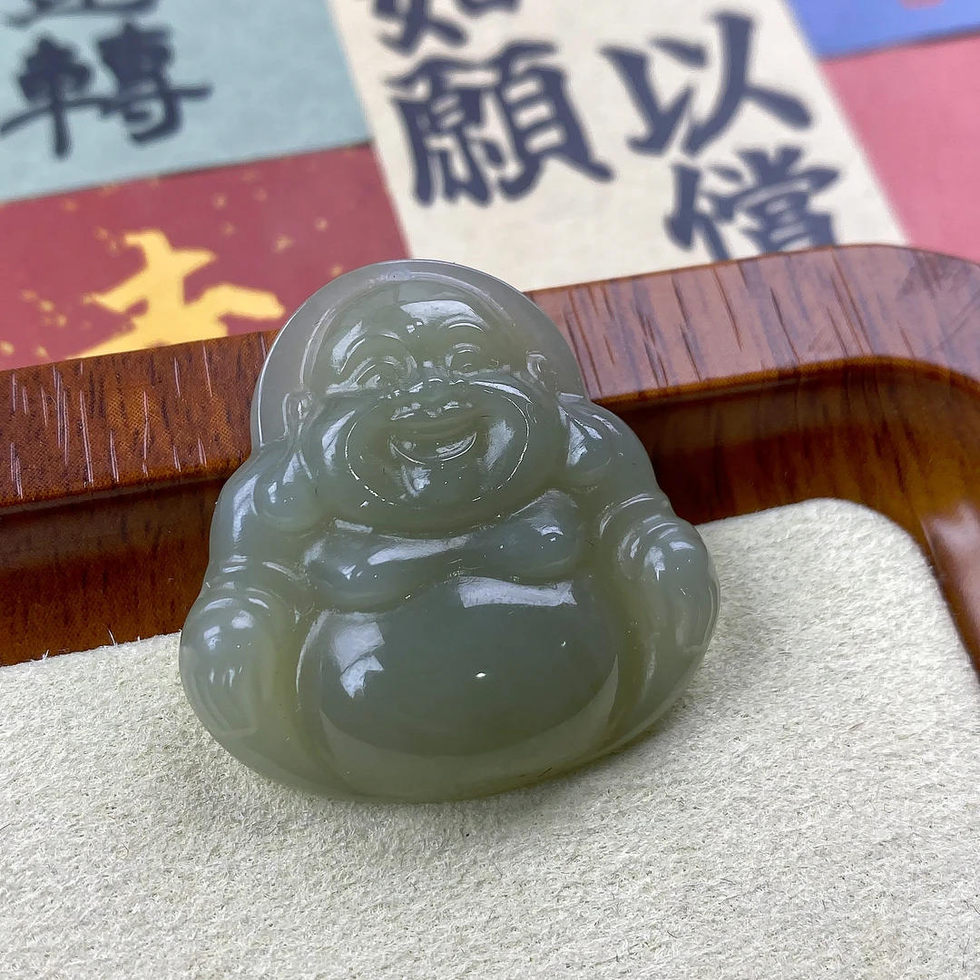 Y50-天然和田玉青海料30mm佛公吊坠