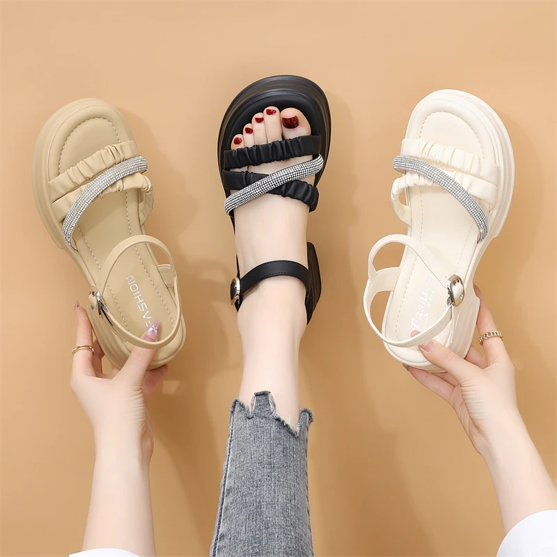 网红粗跟罗马凉鞋女夏2024新款时尚法式甜美一字配裙沙滩鞋小码34