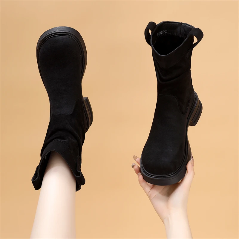 韩版切尔西短靴女2024秋冬新款磨砂西部牛仔靴中筒马丁靴复古单靴