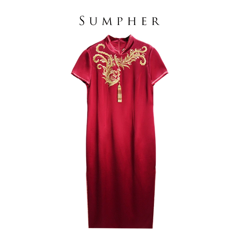 慕天姿女装新款洋气通勤酒红女连衣裙-17713