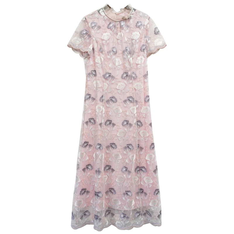 慕天姿夏季气质女装新款洋气优雅粉连衣裙-裙子时尚短袖印花碎花