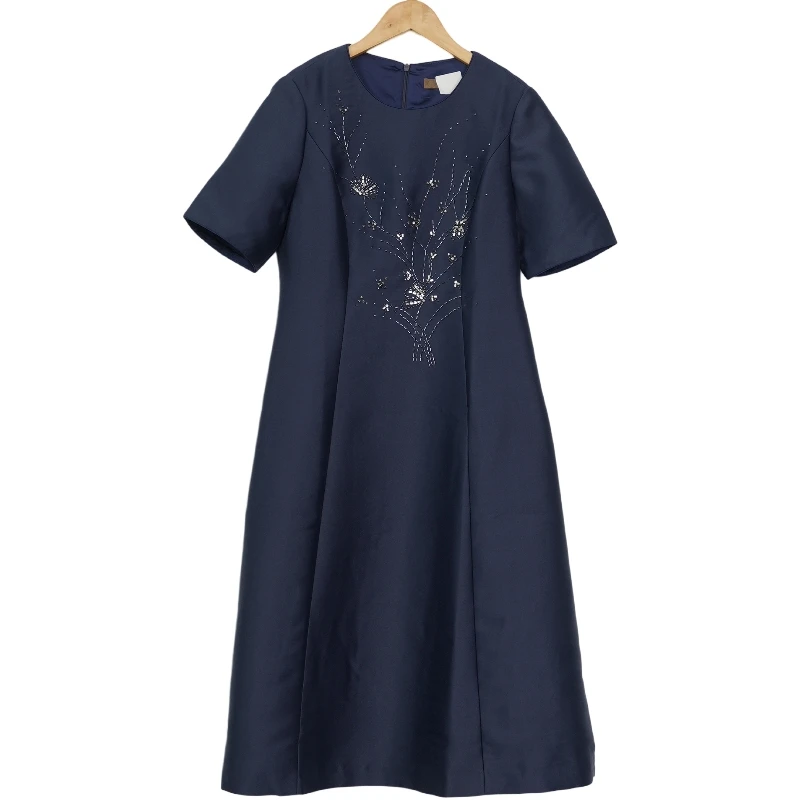 慕天姿专柜时尚轻奢气质女装新款洋气通勤舒适藏蓝女连衣裙-17013