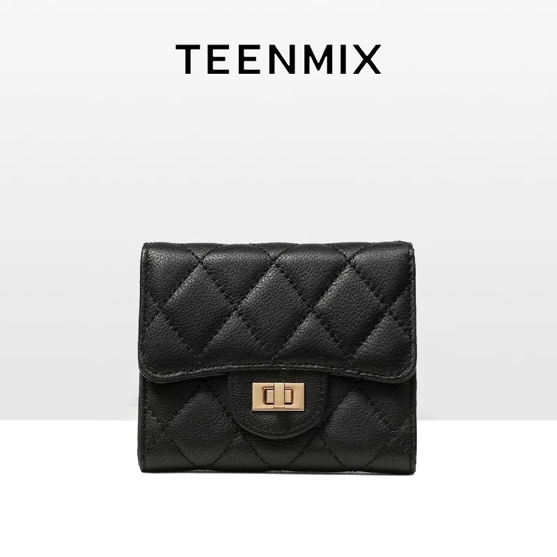 天美意女包2023新款钱包短款头层牛皮菱格零钱包时尚真皮女士钱夹