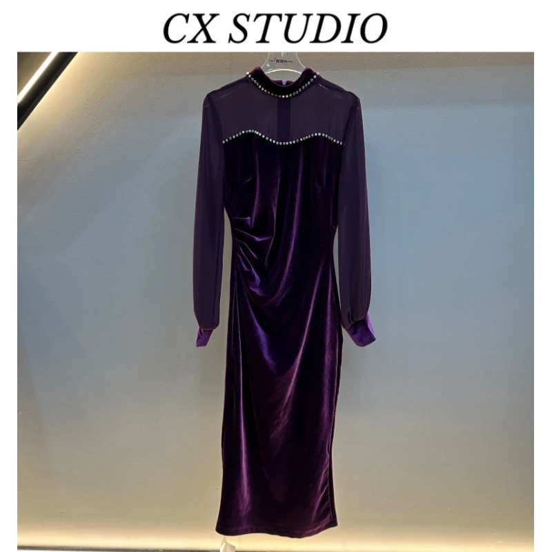 法式复古丝绒拼接长袖连衣裙女入秋气质穿搭褶皱收腰包臀裙GL812