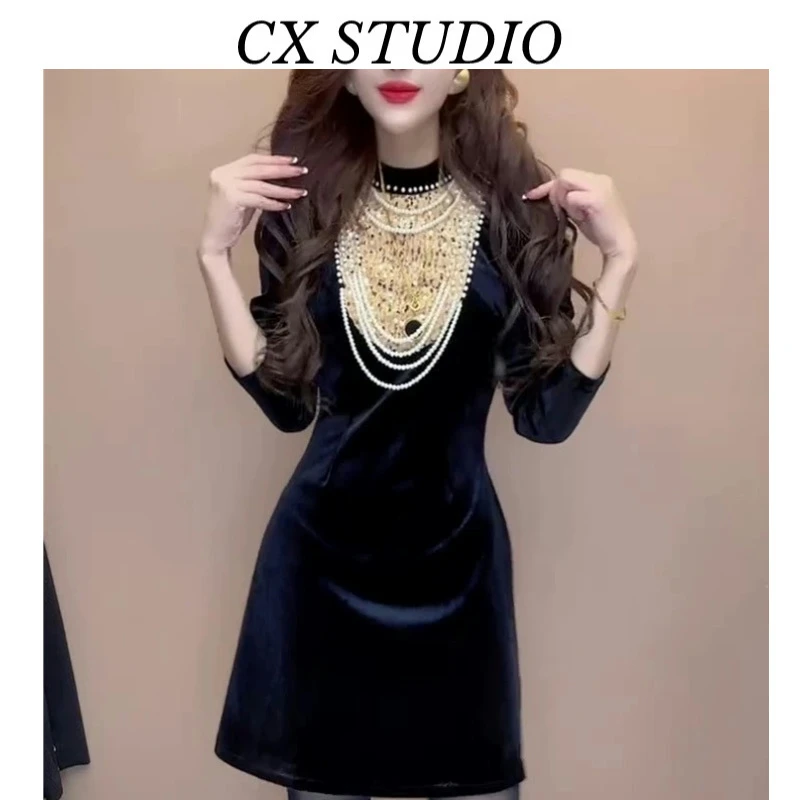 红色金丝绒连衣裙2024新款秋冬季气质小个子裙子GL3307