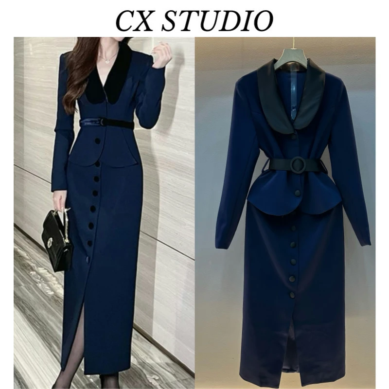 轻奢高级感大方得体气质小香风蓝色外套连衣裙套装HY9068