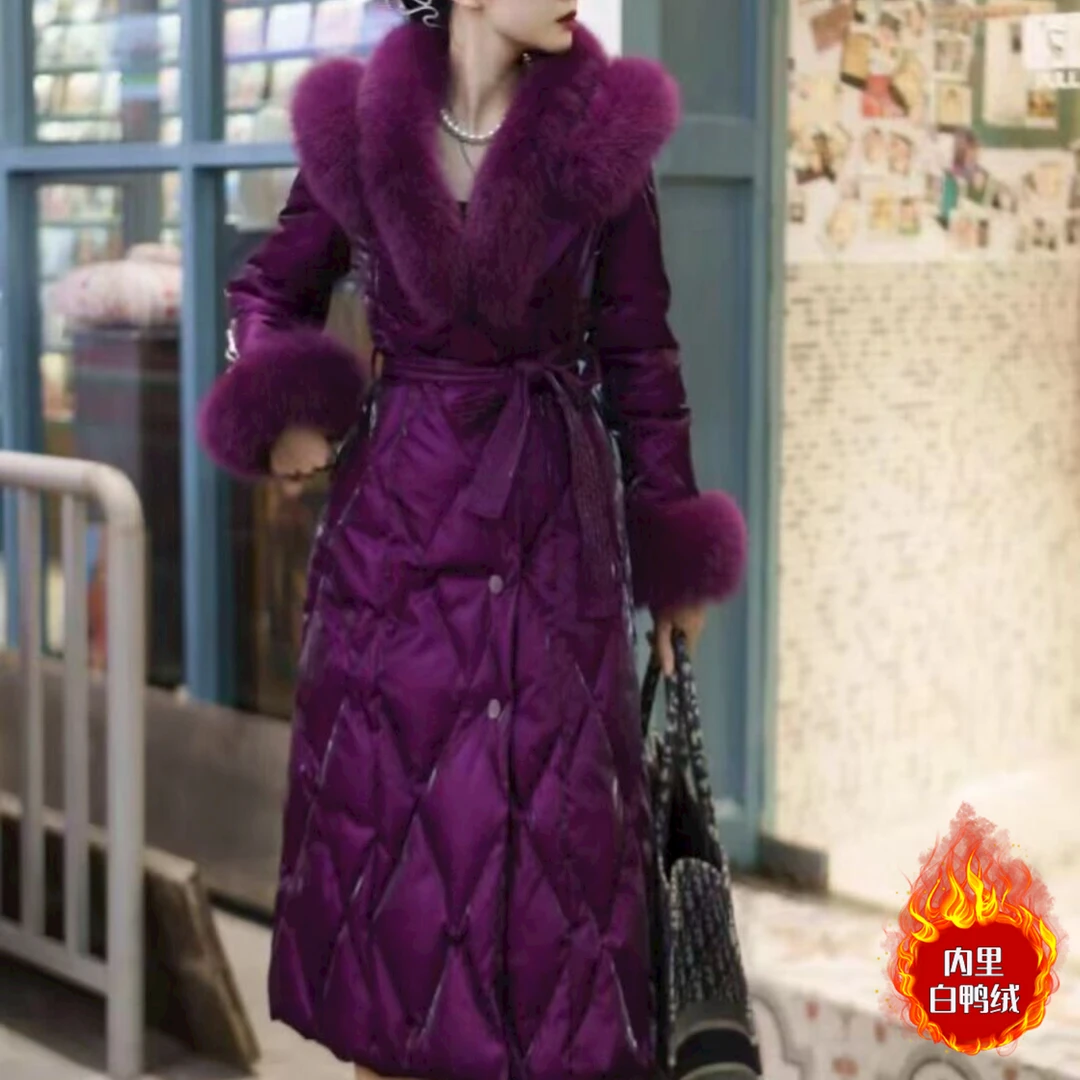 [新]编码23 名媛高级感羽绒服女新款系带收腰狐狸毛中长款GL9920