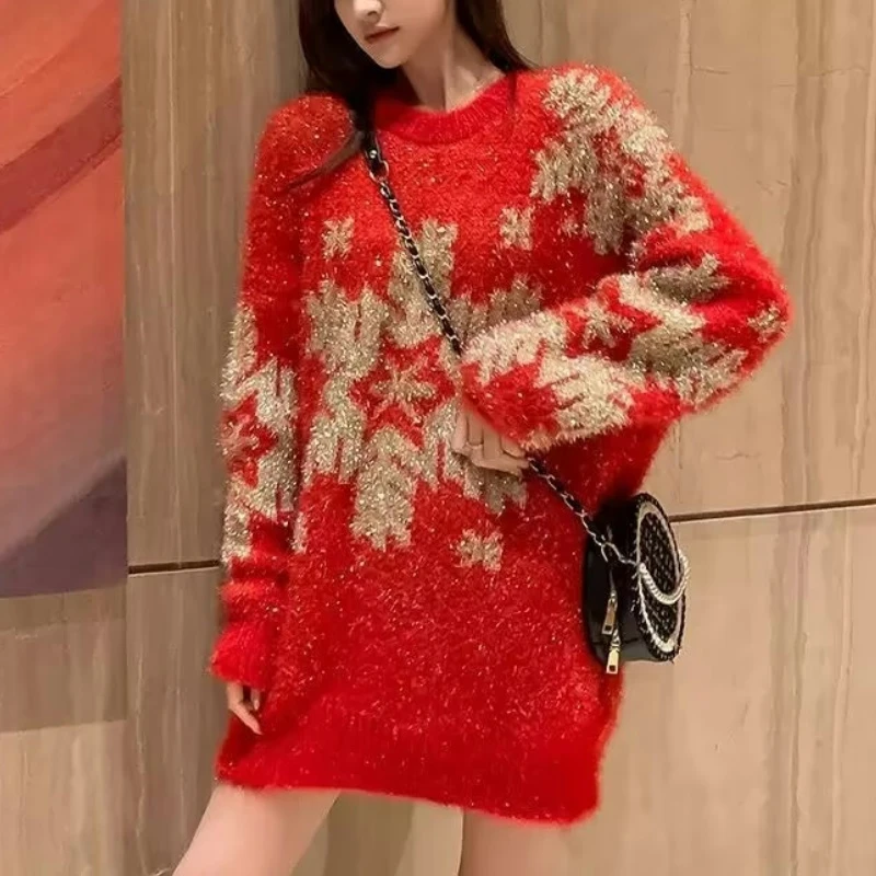 秋冬红色圣诞毛衣女中长款慵懒宽松加厚马海毛针织衫套头TY110