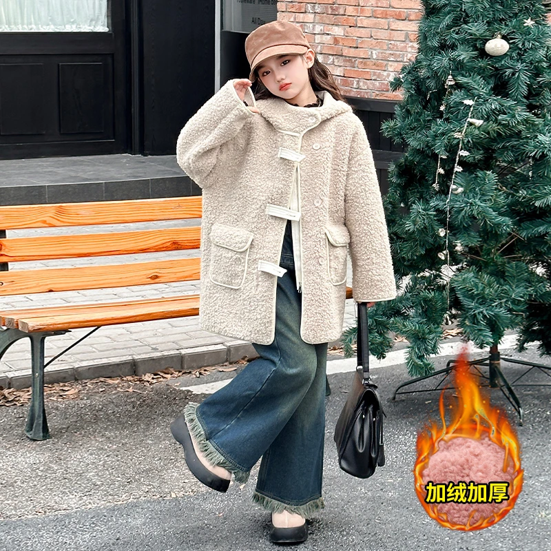 女童秋冬毛毛衣套装2024新款时尚外套中大童6-12岁女孩加厚牛仔裤