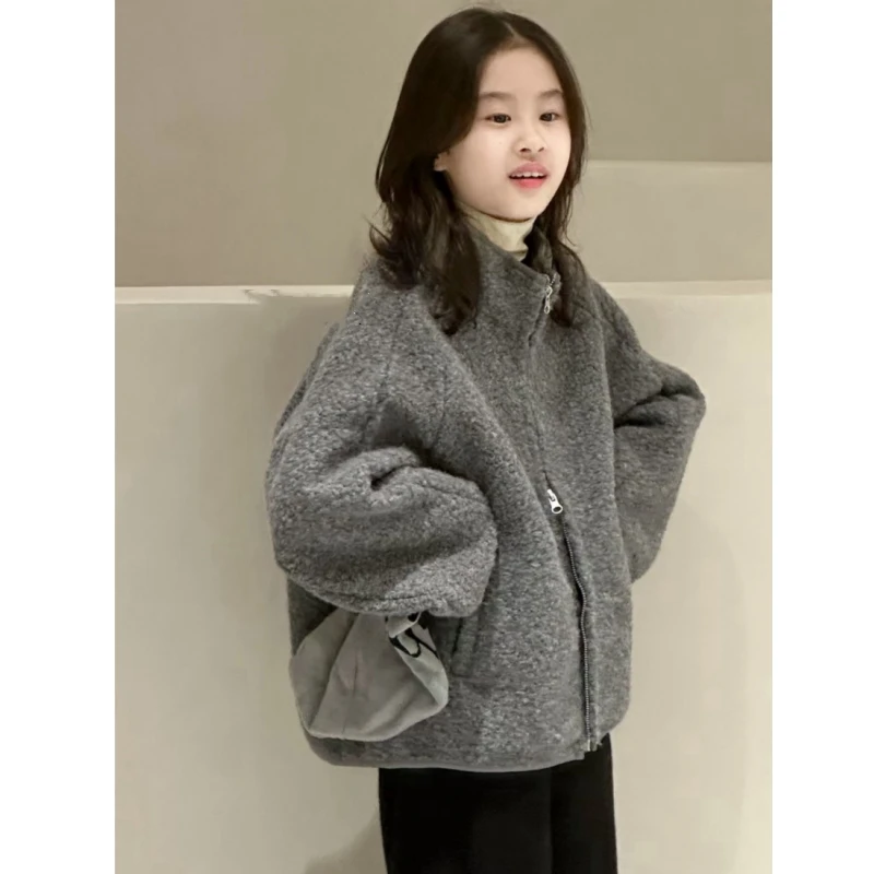 韩系童装秋冬新款女童保暖外套中大童长袖上衣中大童羊卷毛夹克衫
