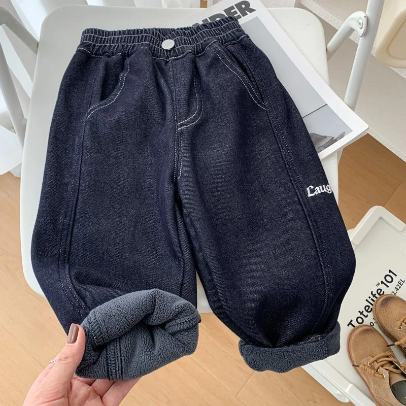男童一体绒牛仔裤儿童韩版弹力柔软裤子2024冬季中小童保暖长裤潮