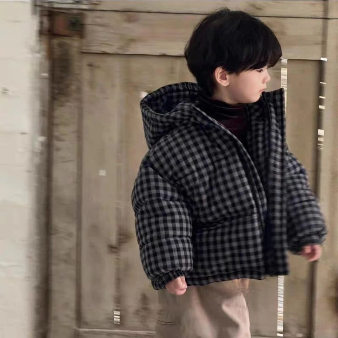 男童格子加绒加厚冬季小童男孩宝宝加厚冬装面包服洋气儿童棉服