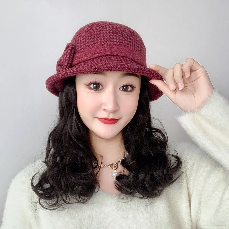 假发套女全头自然减龄秋冬蝴蝶结渔夫帽卷发帽子假发一体气质百搭