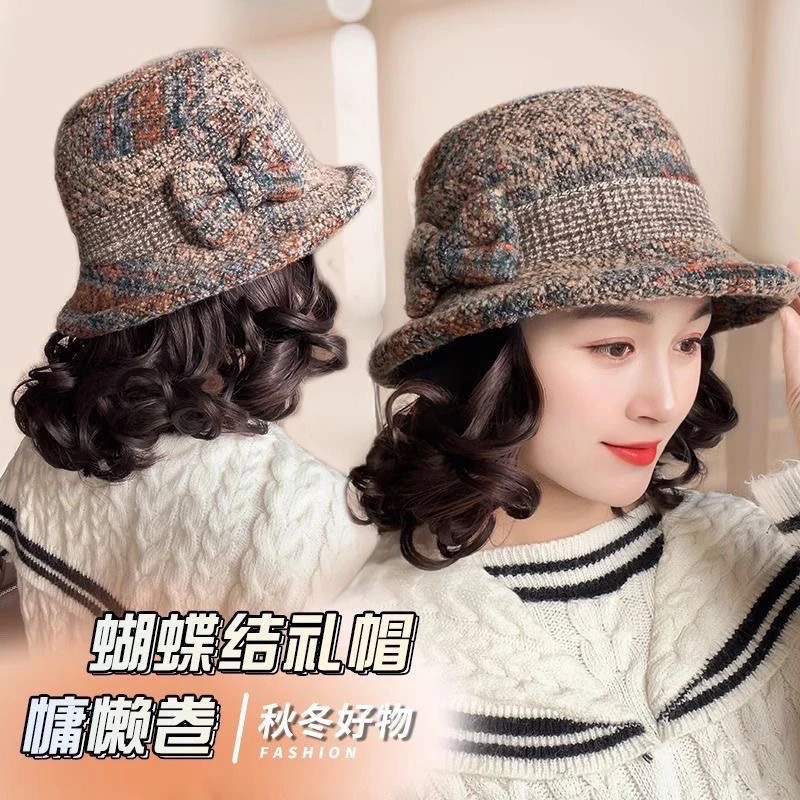 假发时尚帽子一体秋冬新款中老年妈妈呢帽百搭休闲礼帽渔夫帽卷发