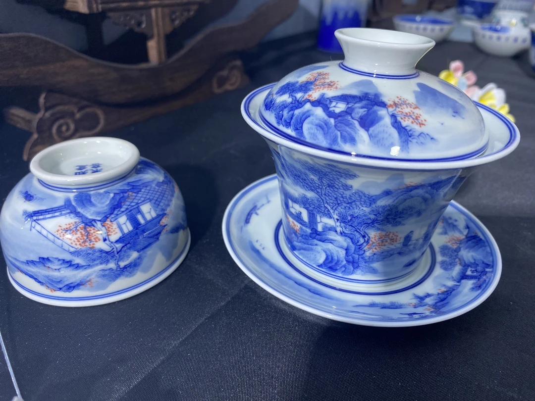 景德镇青花瓷满工满绘柴窑山水三裁马蹄盖碗主人杯套组