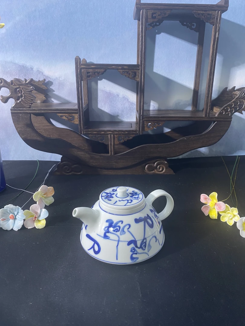 景德镇陶瓷青花瓷高白泥手绘古窑刀字纹石瓢壶小茶壶