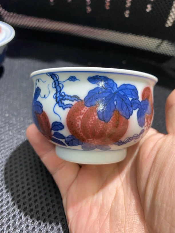 景德镇纯手工手绘青花釉里红哑光釉110cc西瓜主人杯炉式杯