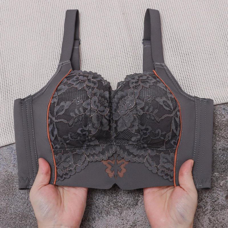 大胸显小内衣女薄款无钢圈调整型3/4聚拢文胸上托防下垂蕾丝夏季