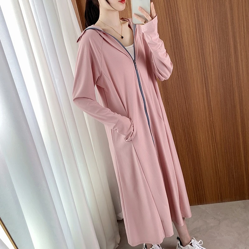 冰丝防晒衣女2023夏季新款长款过膝防晒服防紫外线透气薄连帽外套
