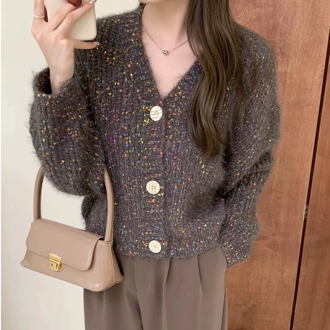 复古彩点毛衣外套女2024新款慵懒宽松软糯花线针织衫v领上衣外穿