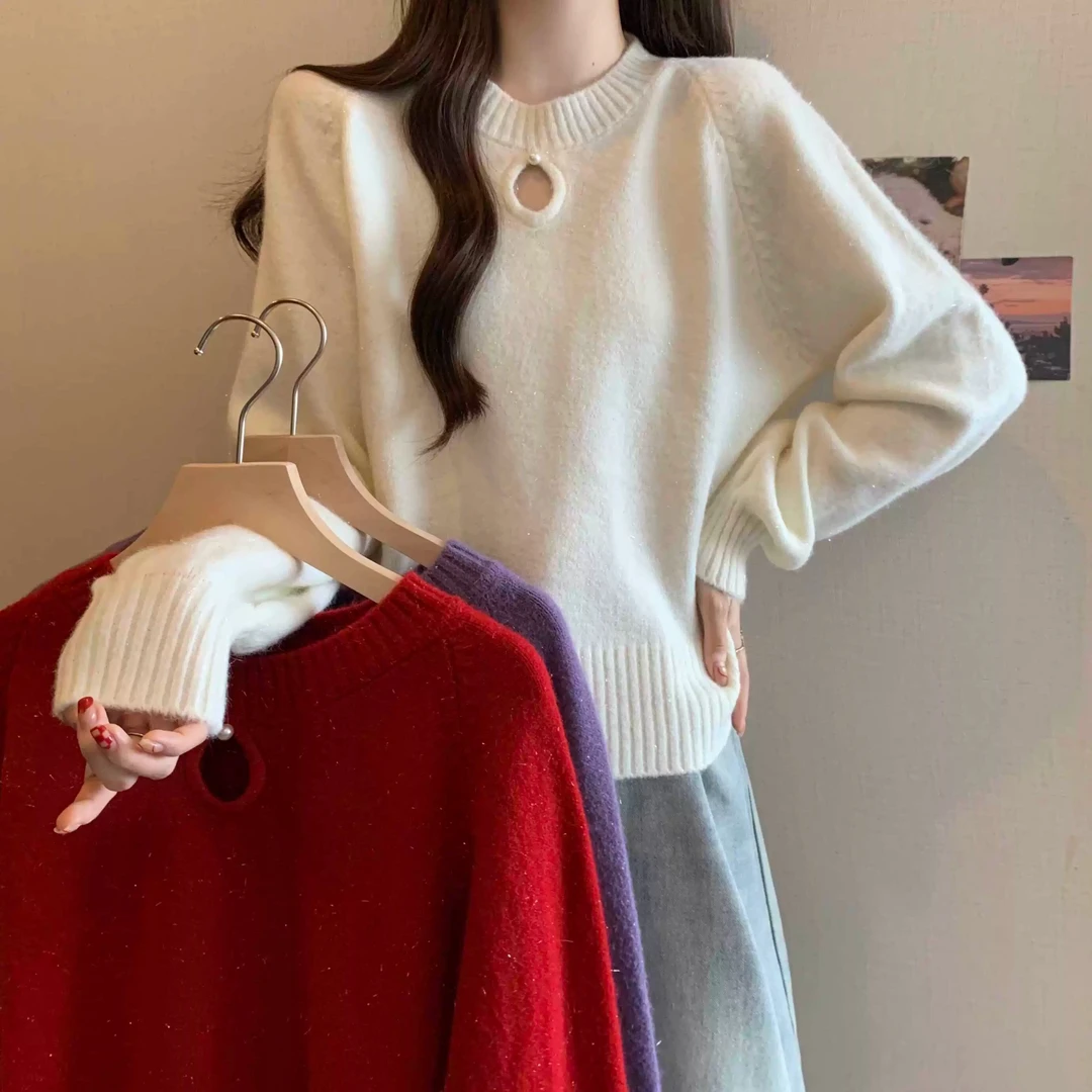 设计感小香风甜美镂空针织衫女秋冬大码宽松遮肚子毛衣打底衫上衣