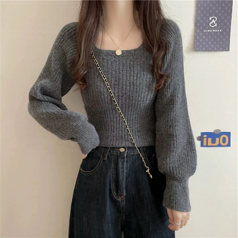 灰色短款毛衣女方领内搭春秋别致短款灯笼袖上衣方领针织打底衫女