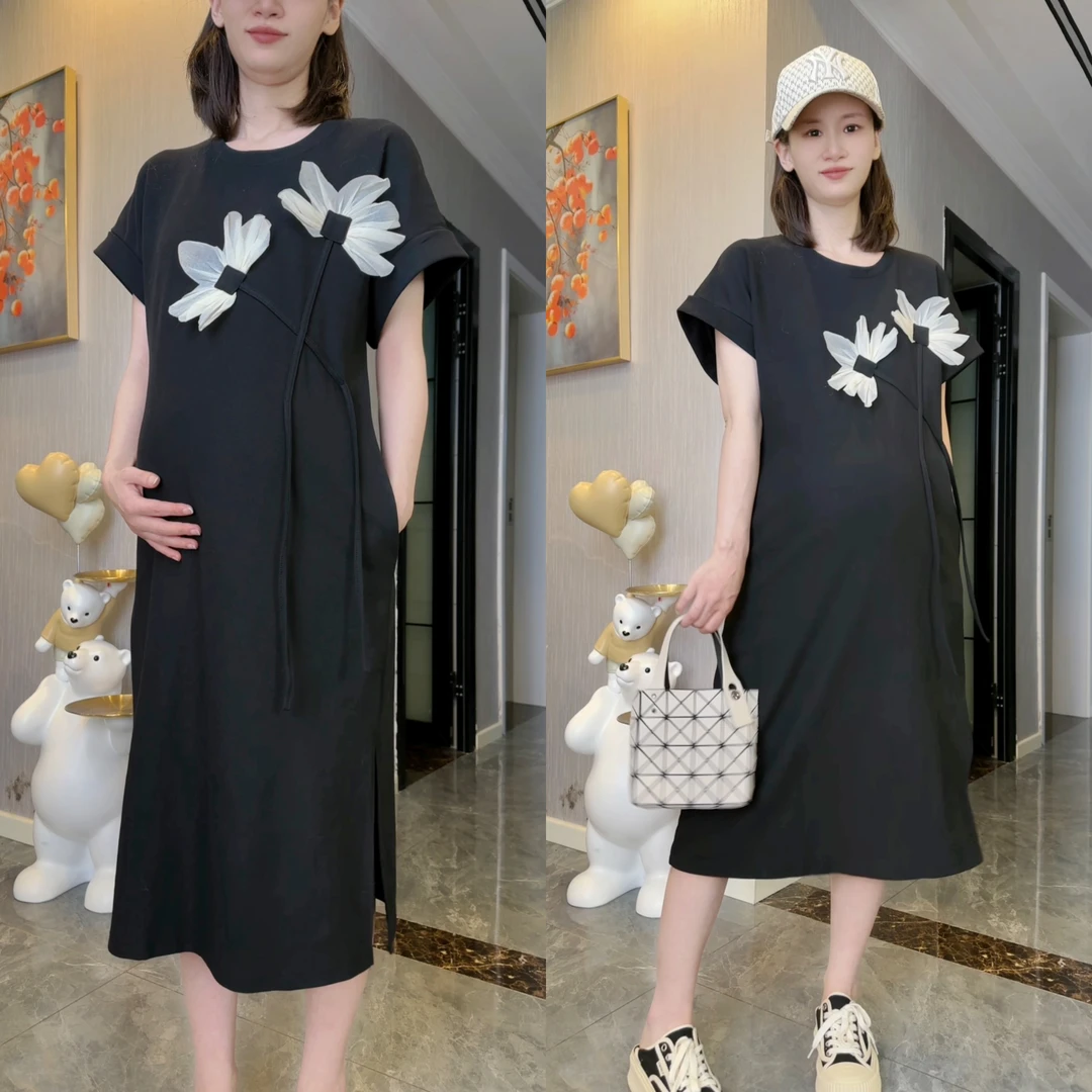 孕妇夏装韩版连衣裙女时尚显瘦外穿短袖t恤开叉夏季宽松大码裙子