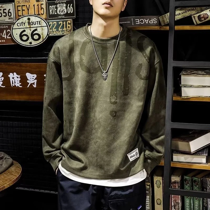 秋季新款重磅麂皮绒卫衣男美式复古潮牌痞帅圆领打底长袖T恤春秋